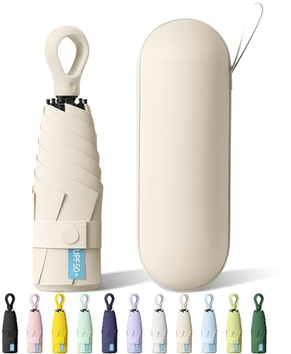 FWHFNB Taschenschirm, 6 Rippen Mini Regenschirm,UV-Regenschirm, Taschenschirme Mit Ringgriff und Kapselhülle, für Männer und Frauen (Beige)