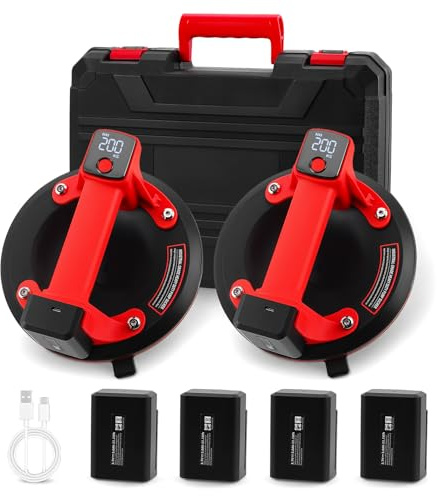 Akku Saugheber, 2er-Set 20cm Akku Saugheber für Fliesen, Elektrischer Saugheber Fliesensauger, Akkus Glassauger mit 4X 2400mAh Akkus, LCD-Anzeige, Tragkraft Max.200KG für Fenster/Spiegel/Plattenheber