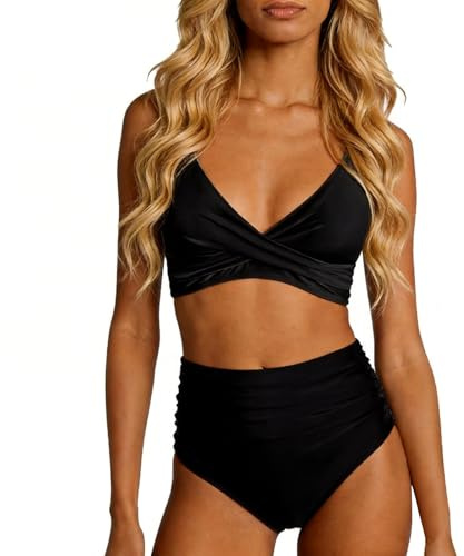 ADUDVLO High Waisted Bikini Set V Neck Twist Front Two Piece Swimsuit with Tummy Control & Removable Padding for Women