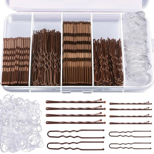 500 Stück Haarnadeln Set,Haarklammern U-förmige und Durchsichtige Haargummi,Bobby Pins(5-7cm),Metal Haar Accessoire mit Aufbewahrungsbox für Frauen Mädchen