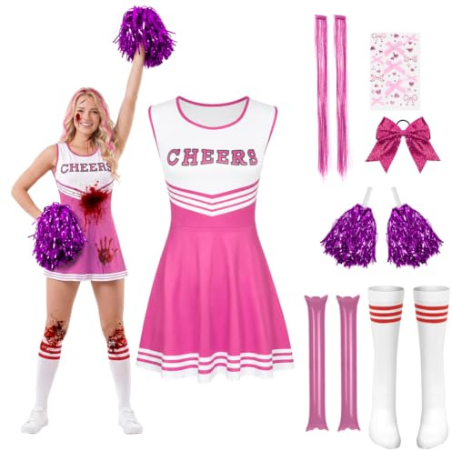 AYBUY Cheerleader Costume Women, Cheerleader Fancy Dress Outfit Uniform | Halloween Costume, with Pom Poms, Cheerleading Stick, Striped Socks, Bow Headband, Hair Extensions, Sticker, for Cosplay