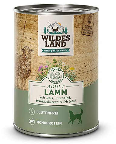 Wildes Land - Nassfutter für Hunde - Nr. 1 Lamm - 6 x 400 g - mit Reis, Zucchini, Wildkräutern & Distelöl - Glutenfrei - Extra viel Fleisch - Beste Akzeptanz und Verträglichkeit
