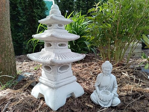 Green Lane Garden Adorno de jardín de Piedra/hormigón Set Linterna/Pagoda Japonesa de Tres Niveles + Siddhattha Gotama Buddha