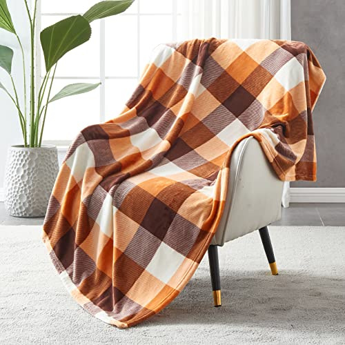 SOCHOW Flanell Karierte Fleecedecke 150 × 200 cm, Orange | Weich Kuschelig Leicht Ganzjährig Kuscheldecke Herbst Decke für Bett, Couch, Auto