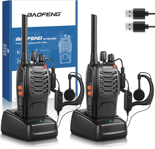 Baofeng Walkie Talkie Profesional PMR Radiocomunicación USB Recargable 16 Canales de Larga Distancia Portátil Walkie Talkies con Auriculares y Luz LED (Negro, 1 Pare)
