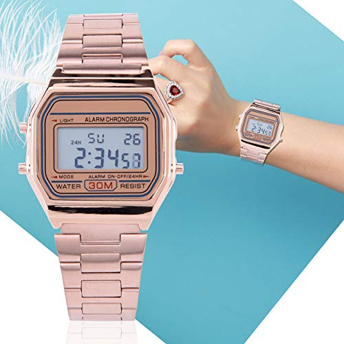 Digitalt Armbandsur med Band i Rostfritt Stål, Rektangelbakgrundsljusarmbandsur, 12/24-timmarsvisning, Datum, Vecka, Larm, Kronograf(rosa guld)