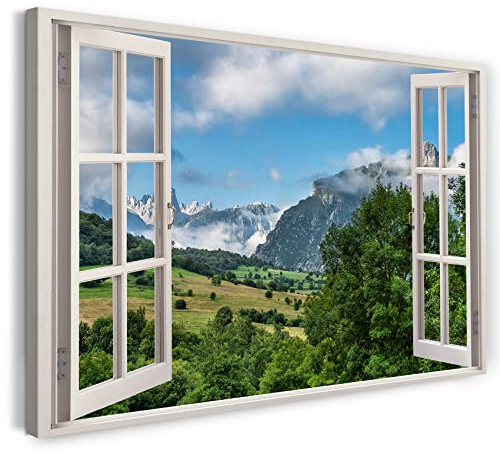 Printistico Bilder Fensterblick 80x60cm Baumwoll-Leinwand auf Keilrahmen mit Aufhänger moderner Kunstdruck XXL Wandbilder Wand-Dekoration Berge Felder Landschaft Natur - Natur-Fotografie