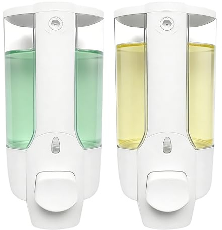 2 Manueller Seifenspender Wandmontiert, 350ml Shampoo Spender | Druckknopf Soap Dispenser Handseifenspender Duschgel Spender Seifenspender für Zuhause, Bad, Küche, Hotels (weiß)