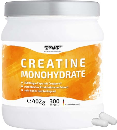 TNT Creatine Monohydrate Kapseln (300 St.) • Reines Creapure® • Vegane Kreatin Kapseln hochdosiert • Creatin Monohydrat ohne Zusätze • Made in Germany