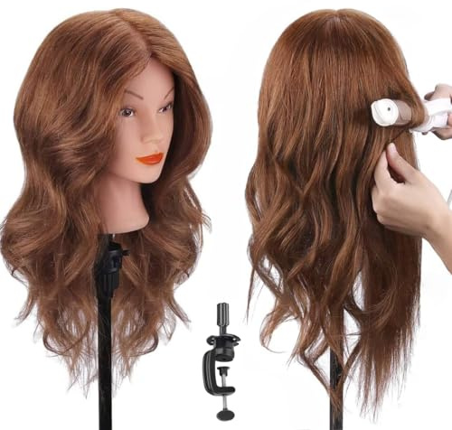 SZCY LLC Mannequinkopf mit 100 % Echthaar, 45,7 cm, Dunkelbraun, Kosmetik, Frisierkopf, Übungskopf, Puppenköpfe mit Klemmhalter und Werkzeugen