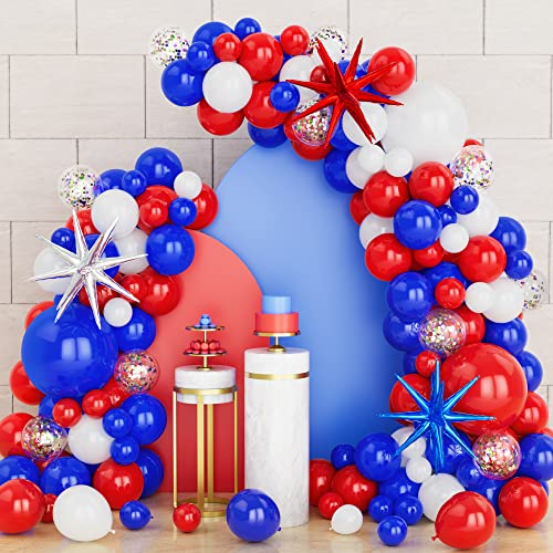 Blue Red White Balloons Arch Kit, 121Pcs Red Blue Confetti Balloons Garland with Star Balloon For Birthday Wedding Union Jack Royal Circus Nautical Baseball Theme Party Decoration Supplies