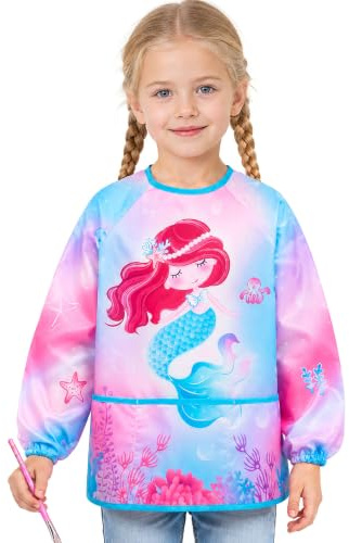 WERNNSAI Mermaid Art Smock for Kids Girl Age 3-6 with Long Sleeve 3 Pockets