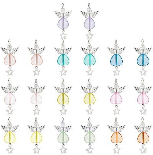 PH PandaHall 30pz 10 Colori Ciondoli Ala d'Angelo, Ciondoli A Stella con Perline A Cuore in Acrilico con Perline in Argento Antico con Ali di Fata d'Angelo Pendenti per Natale Fai-da-Te Gioielli