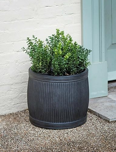 Small Round Bathford Dolly Tub Planter, Large Rustic Grey Ribbed Fibre Clay Plant Pot Cover, Frost Proof Outdoor Plant Pot, Garden Planter, Large Pot Inactive