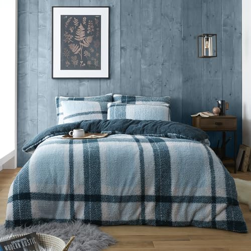 GC GAVENO CAVAILIA Big Tartan Check Teddy Bear Fleece Duvet Cover Quilt Bedding Set, Soft Warm & Fluffy Fleece Cuddly Beddings With Pillowcases, Double Bed, Green