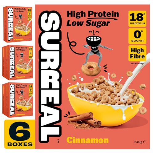 Surreal Cinnamon - High Protein Keto Cereal 6 Pack - Zero Sugar- Healthy Plant Based Cereal - High in Fibre - Low Carb - Gluten Free - Vegan - 18g of Protein, 0g of Sugar - 240g per Box