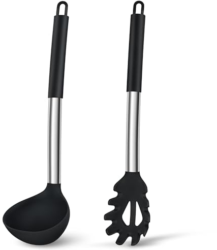 Joyfair Suppenkelle und Spaghettilöffel Set, 2-teiliges Silikon Schöpfkelle und Nudellöffel mit Griff aus Edelstahl zum Kochen/Rühren/Servieren/Ablassen, Gesund & Antihaft, Spülmaschinenfest - Schwarz