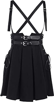 XKBHYD Women Goth Punk Black Pleated Skirt Goth Streetwear High Waist Buckle Lace Up Mini Skirt Harajuku Spaghetti Straps Ladies Skirts