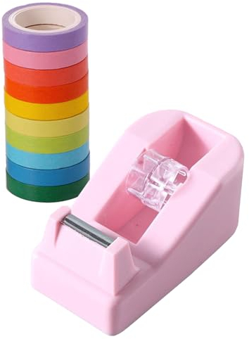 Klebebandspender und 10stk Kreppband Bunt, Tischabroller Tape Abroller, Klebebandabroller für Schreibtische, Schule, Zuhause, Rosa