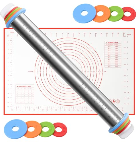 Mattarello in acciaio inox con tappetino da forno, spessore regolabile e anello rimovibile, rivestito antiaderente, 4 misure, adatto per pizza, biscotti e pasta sfoglia