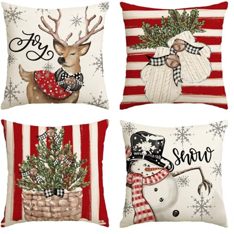 Artoid Mode Rot Streifen Schneemann Rentier Handschuhe Weihnachten Kissenbezüge 4er Set, 50x50 cm Christmas Zierkissenbezug Cushion Cover Couch Deko