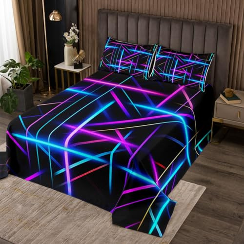 Neon Lines - Colcha infantil de tamaño doble, juego de colcha geométrica con cuadrados geométricos, decoración de habitación de niños y niñas, colcha acolchada geométrica a cuadros abstractos, edredón
