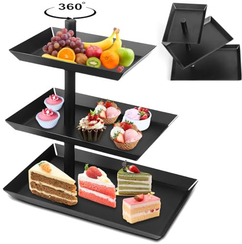 Fruit Basket, Black, 3 Tiers, 360° Rotatable Practical Metal Fruit Basket, Modern Fruit Bowl for Dessert, Cake, Pastry, Biscuit, Fruit