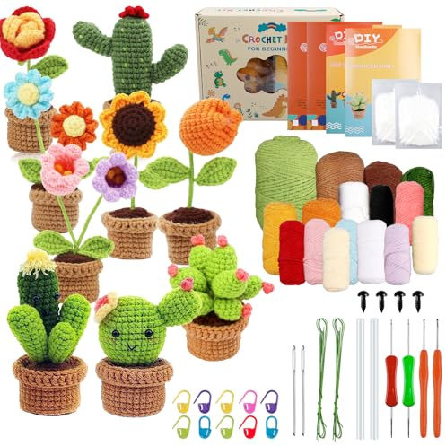 Häkelset für Anfänger, 9 Teiliges Häkeln für Anfänger, Häckel Box Anfängers Häkeln Starter Set Pflanzen Komplett Häkelset mit Häkelnadeln Garn Anleitung und Video-Tutorials für Anfängers Geschenk