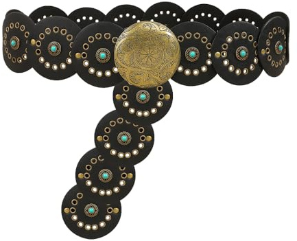 TOFBS Gürtel für Damen Mode Boho Türkisfarbener Western Metallgürtel Runde Scheibe Breiter Gürtel Verstellbarer Cowgirl Breiter Jeans Kleid Dekoration