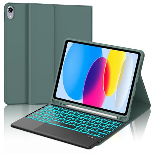 Funda Teclado con Trackpad para iPad A16 11ª Generación 2025/10ª Generación 2022, Teclado Bluetooth Desmontable con Retroiluminación de 7 Colores para iPad 11ª/10ª Gen 10.9/11 Pulgadas, Verde Oscuro