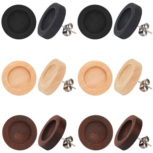 SUNNYCLUE 30 pièce de 3 Couleurs de Petites Boucles d'oreilles en Bois Cabochon Clous d'oreilles Vierges Cabochon en Bois de 12mm Lunette Vierge Disque Rond Boucles d'oreilles à Tige avec Broches en