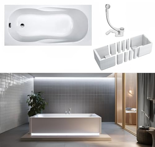 VBChome Badewanne 160 x 70 cm Weiß Acryl Platz für LED-Beleuchtung Styroporträger Wannenträger Siphon Wanne Rechteck Weiß Design Modern Ablaufgarnitur in Chrom
