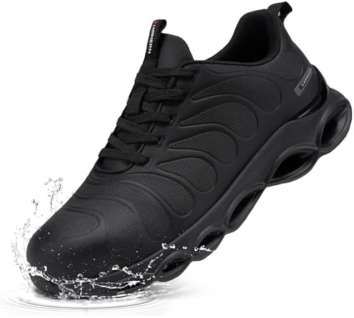 LARNMERN Zapatos de Seguridad para Hombre Amortiguación Cómodo Impermeable Ligeras Moda Punta de Acero Anti-Impacto Zapatillas de Seguridad(Negro Oscuro Microfibra,41.5 EU)