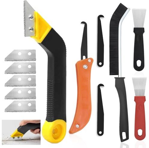 13 Stück Fugenentfernungswerkzeug, Abgewinkelter Fliesenfugenreiniger mit 5 Ersatzklingen 1 Bürste 2 Spatel, Fugenreiniger Fugenkratzer Fugensäge Entferner für Bad Fliesen Küche Balkone Wand