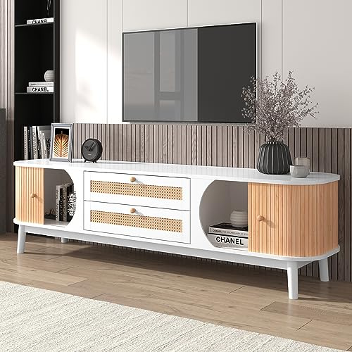 Gegtuon TV-Schrank Fernsehtisch 170 cm Rattandesign für TVs, Fernsehschrank Lowboard mit Schiebetüren und Fächern, TV Board mit 2 Schubladen, Sideboard Möbel für Wohnzimmer Schlafzimmer (Weiß)