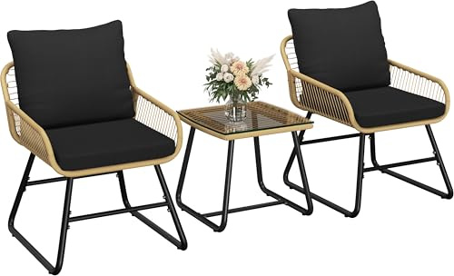 Yaheetech 3-teiliges Poly-Rattan Bistroset Bistrotisch mit 2 Stühlen Gartenmöbel Set Balkonmöbel Kleiner Balkon Lounge Möbel Outdoor, Hellbraun & Schwarz