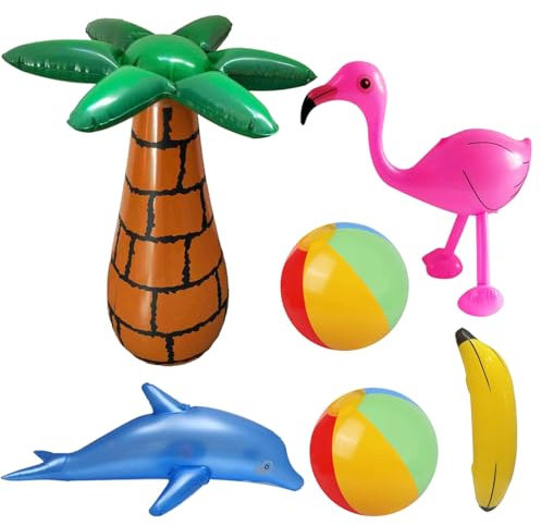 Inflatable Pool Toys, 6-Pack Tropical Party Decorations, Outdoor Game Toys for Kids Adult for Summer Pool Flamingo, Dolphin, Banana and Beach Balls Beach Luau Hawaiian Themed Parties Decorations Props