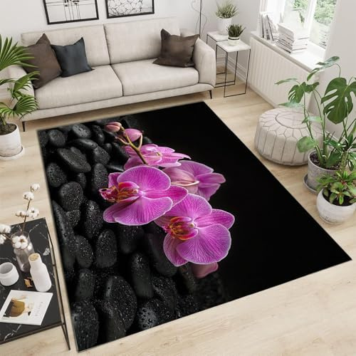 GDJSMIN Pink Orchid Pattern Area Rug for Living Room - Black Pebbles Large Rug with Upgrade Anti -Classic Carpet Non Shedding for Kitchen, Purple,200×300cm
