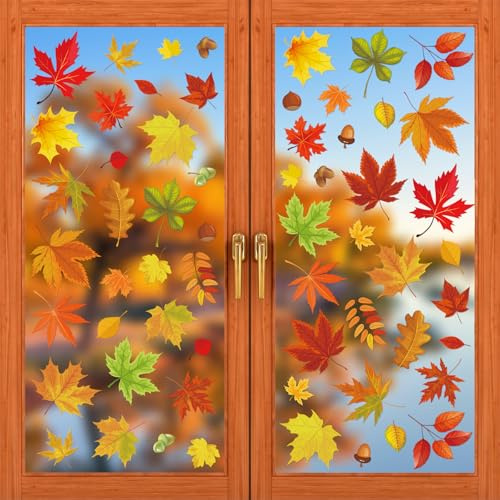 Zindoo Fensterbilder Herbst 60 PCS Ahornblätter & Haselnüsse | Fensteraufkleber für Herbst-Fensterdeko, Doppelseitig Bedruckt, Statisch Haftend, Ohne Kleber, Wiederverwendbar