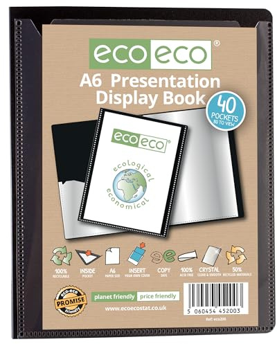 eco-eco A6 storlek 50 procent återvunnen 40 fickor svart presentationsbok, förvaringsfodral, portfölj, konstmapp med plastfodral, eco200