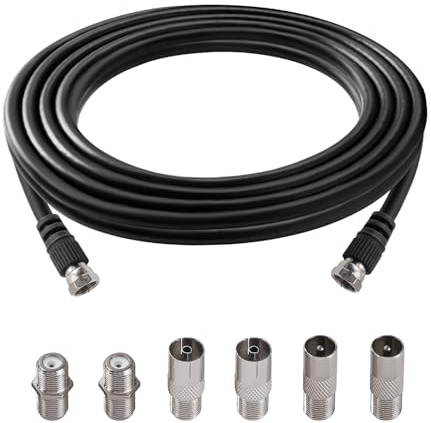 KUOQIY 2m 75 Ohm RG6 Cavo Coassiale, F Maschio a F Maschio ad Alta Velocità RG6 Cavo Antenna TV, con 6 Pezzi Accoppiatori di Prolunga, per TV, Satellite, Router Digitale, Nero