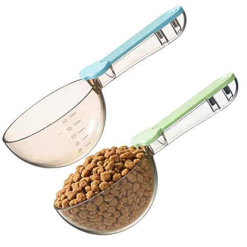 2 pièces de cuillères à nourriture pour animaux de compagnie - Pelles graduées avec clip, pour chiens, chats, riz, farine, soja et autres céréales (bleu et vert)