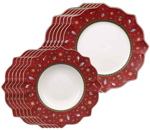 Villeroy & Boch Toy's Delight Tafelservice 12-teilig | Gezackte Speise- und Suppenteller für 6 Personen | Weihnachtsgeschirr, Weihnachtstellerset | Premium Porzellan | Rot