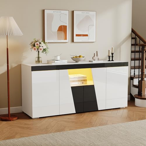 Buffet de salon moderne 140 x 40 x 65 cm avec LED – Grand meuble de rangement 3 compartiments, 4 portes à design incliné, finition brillante noir et blanc, commode contemporaine avec étagères réglable