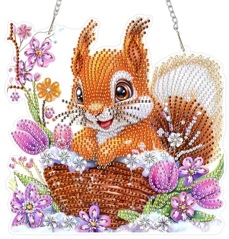 MAXBYE Diamond Painting Fensterbilder Erwachsene, Eichhörnchen Diamond Painting Muster Kristall Hanging Pendant, DIY lila Blumen Gem Art Window Pictures Both Sides Für Fenster Wand Decor 20x20cm