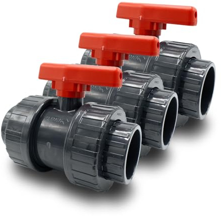 Baumaxxe 3x PVC Kugelhahn 63mm I Absperrhahn 2 Zoll 2-Wege mit 2x Klebemuffe und Verschraubung radial ausbaubar I Für Poolverrohrung Teich Aquaristik Entwässerung Bewässerung I bm146