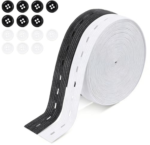 Kinesgsg 2 Rollos Cinta Elástica, Goma Elastica Costuras 3cm x 7m, Cinta Elastica Costuras con Ojales, Elástica de Costura con 20 Botones, para Costura, Manualidades (Blanco + Negro)