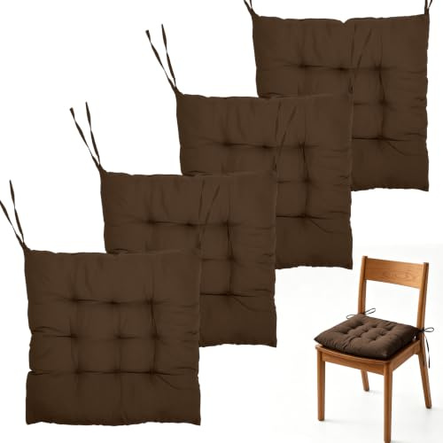 MIUUIPI 4 Stück Sitzkissen mit Bändernn, 40 x 40 cm Stuhlkisse, Kissen für Gartenstühle, Stuhlauflage für Indoor und Outdoor, Sitzpolster für Esszimmer, Wohnzimmer (Braun)