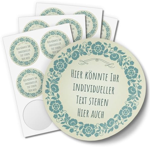 24 schöne INDIVIDUELLE runde Etiketten SELBER GESTALTEN: Vintage türkis Blumenkranz schlicht - Personalisierte Aufkleber für Hochzeit, Gläser, Taufe, Produkte, Ostern, Weihnachten, Geburtstag
