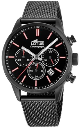 LOTUS Reloj Hombre Analógico de Acero Inoxidable 316l Negro - Movimiento de Cuarzo - Cronógrafo - Calendario - Cristal Mineral de Alta Resistencia - Resistente al Agua 5 ATM Casual 18700/1 Chrono